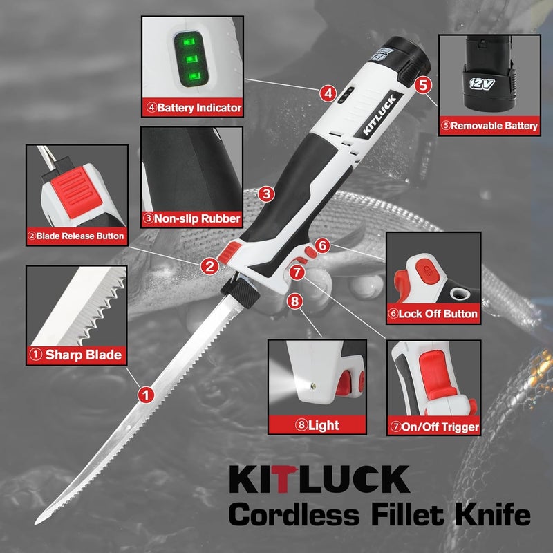 KITLUCK Cordless Electric Fillet Knife - 12V Cordless Fishing Knife with 6'', 8'' and 10'' Stiff Blades, 2 Rechargeable Battery Packs, 1 Charger, Electric Fish Fillet for Fishing, Filleting - Image 4